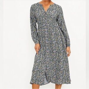 Loft Floral Midi Dress‎ buttons shirt dress size 12 cottage core long sleeves